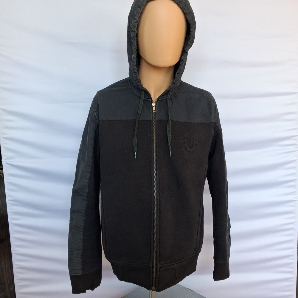 True Religion Mens Black Mixed Media Full Zip Hoodie Jacket Small Tonal Logo